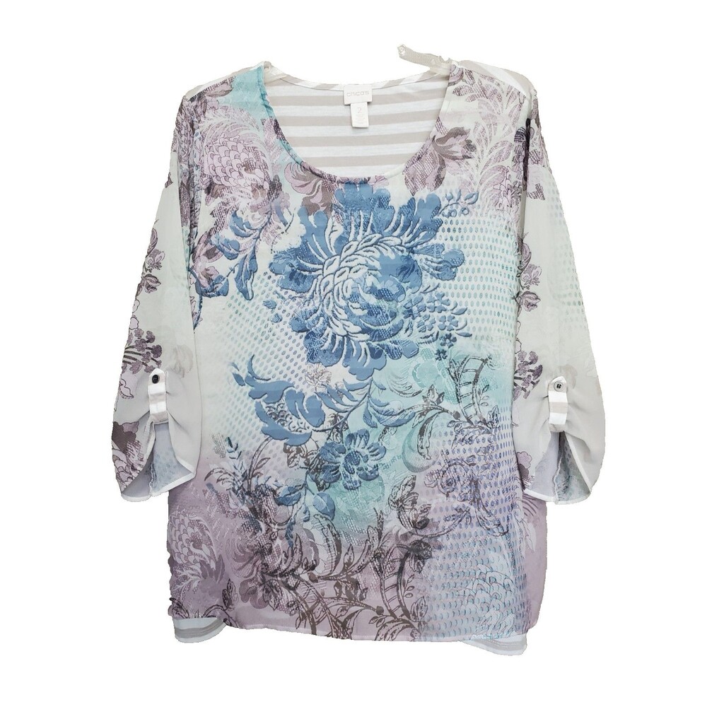 Chico's Striped Mixed Print Chiffon Overlay Button-Cuff Scoop Neck Top Size 2 L
